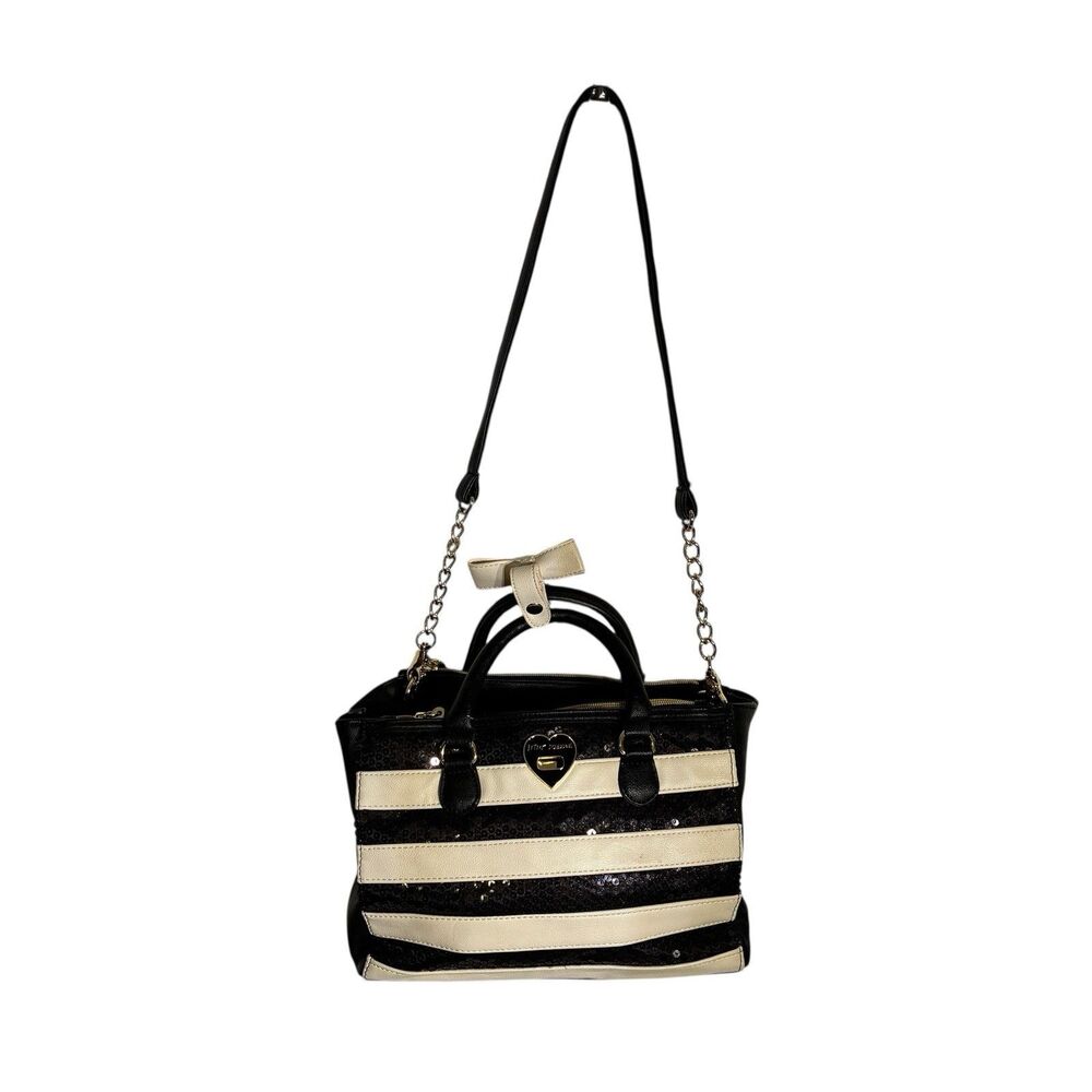 Betsey Johnson Black And White Purse. Black Sequins. Shoulder Strap And Handles